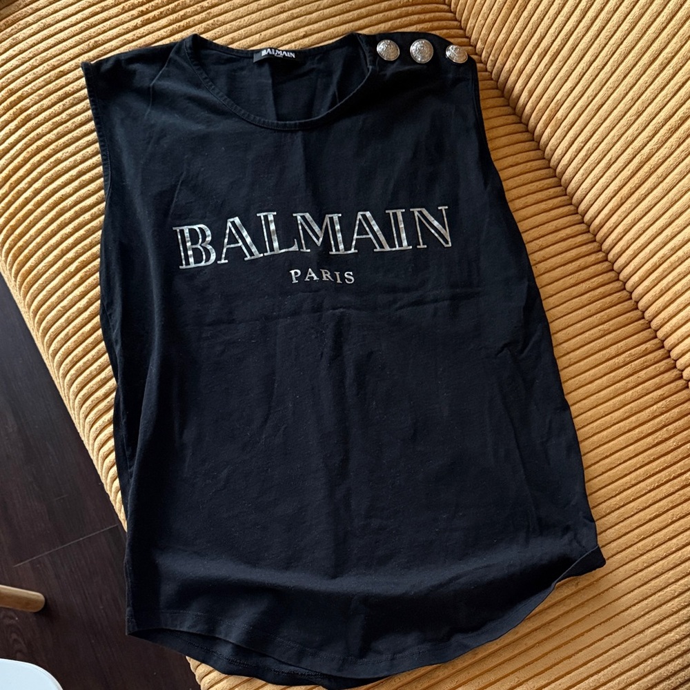 Authentic Balmain Black Sleeveless Tee with Silver Buttons